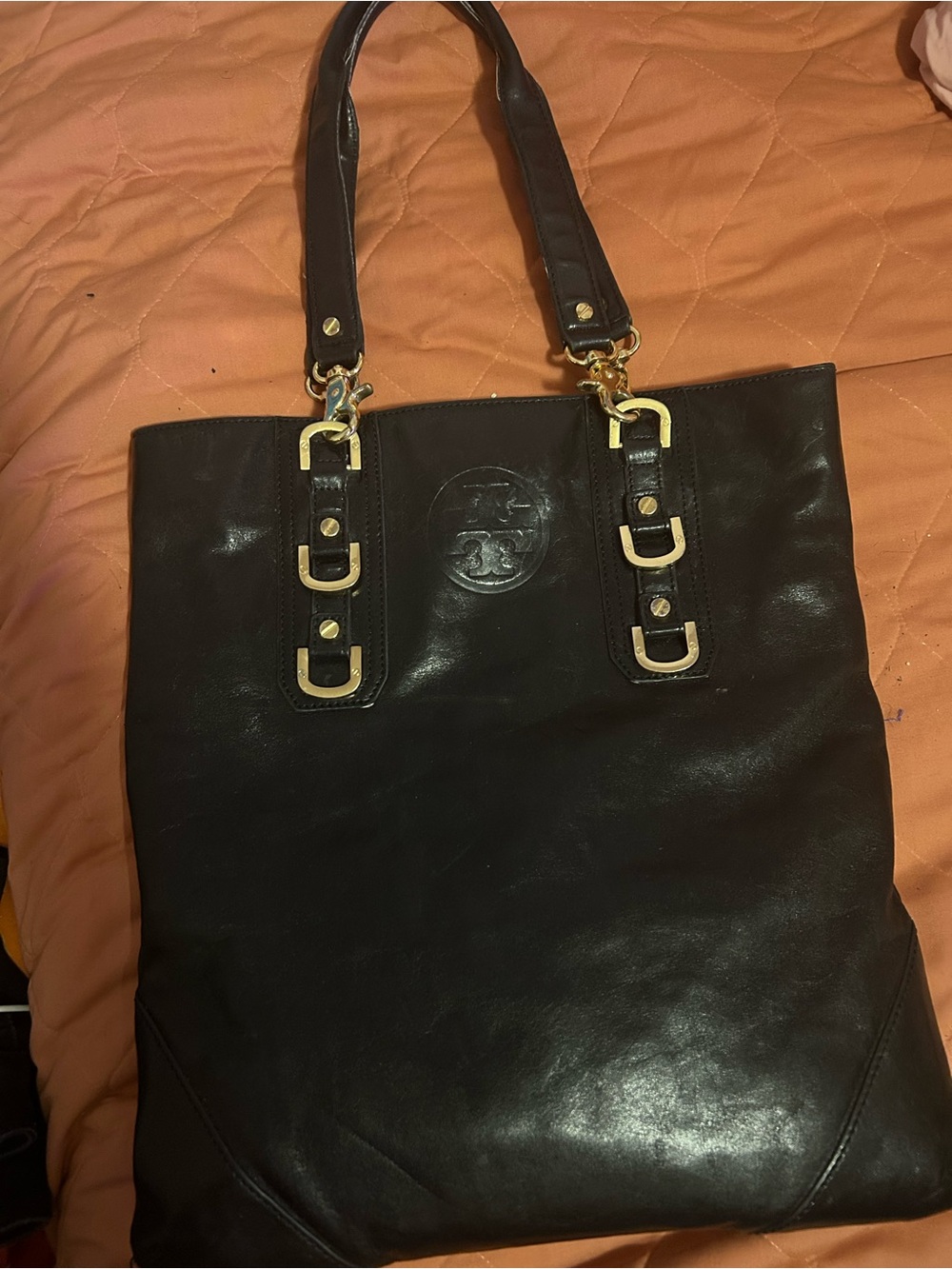 Tory Burch Black Leather Tote with Gold Hardware